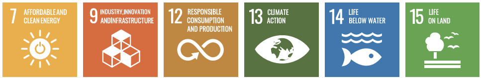 7 affordable and clean energy - 9 industry, innovation and infrastructure - 12 responsible consumption and production - 13 climate action - 14 life below water -15 life on land